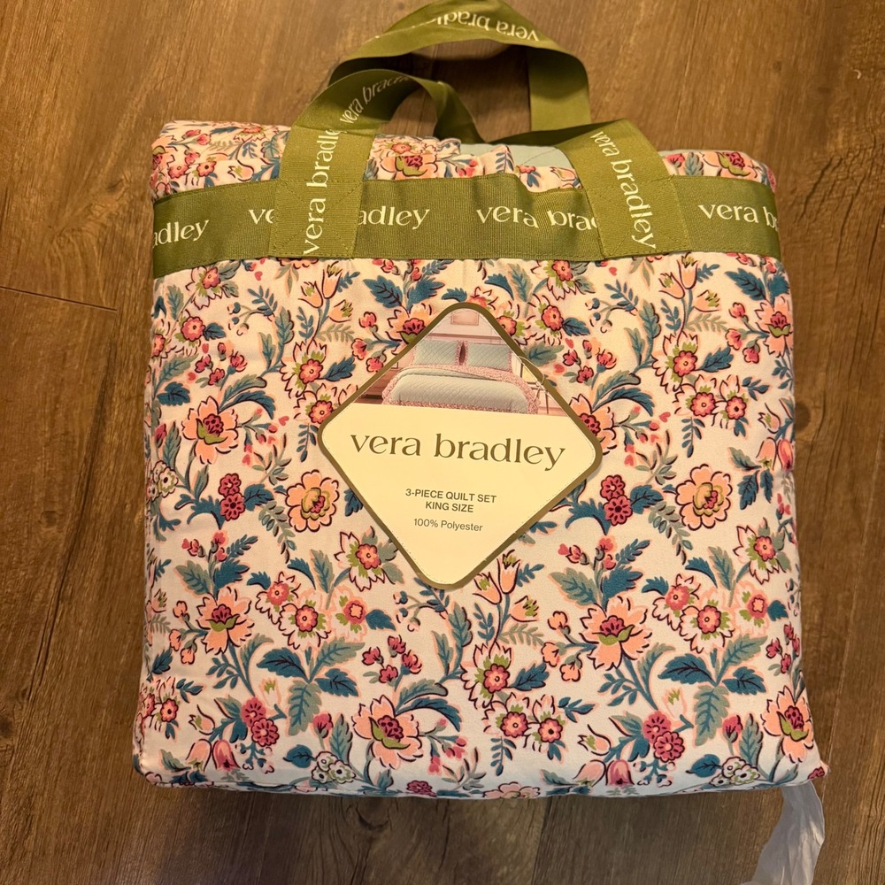Vera Bradley Quilt Set King Size Mint Green Pink Floral 3 Piece Bedding New